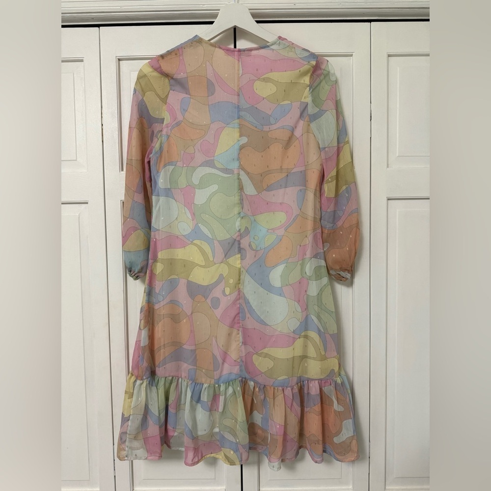 Vilagallo Made in Spain Sheer Ruffle Hem Mini Dress Disco Hippie Festival - Picture 2 of 8